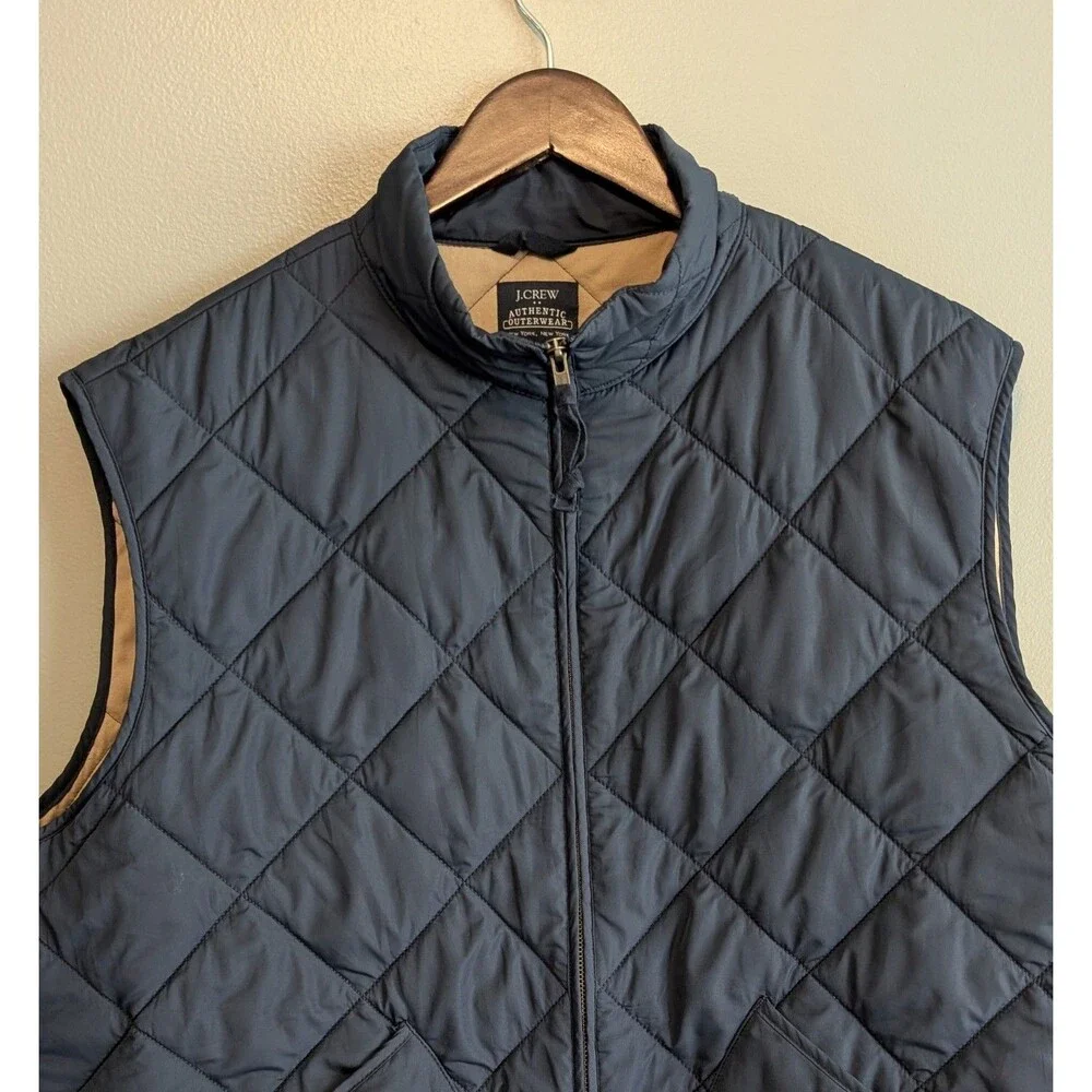 J. Crew Mens Size XXL 2XL Navy Blue Diamond Quilted Full Zip Vest Jacket Tan